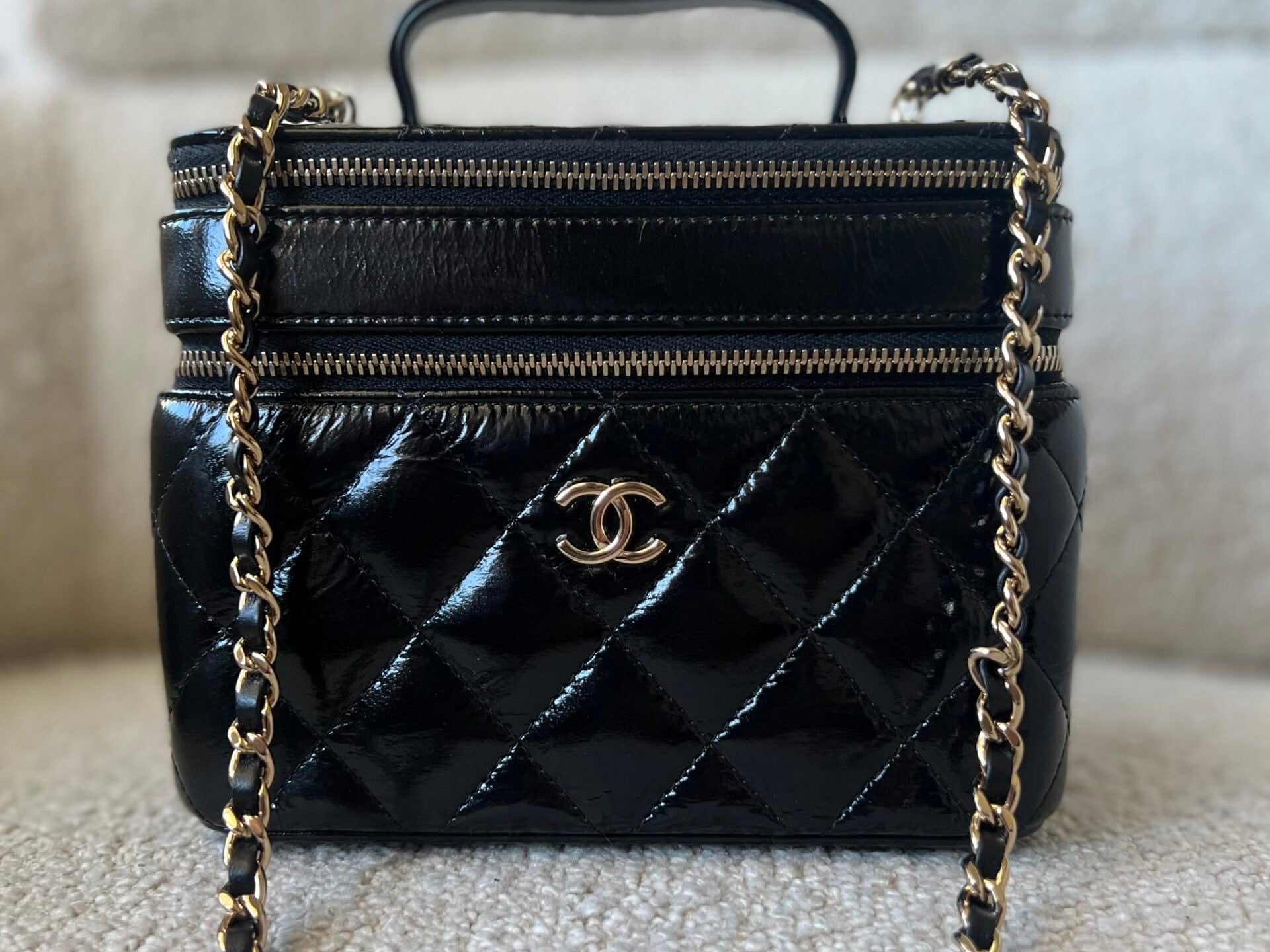 CHANEL Handbag 22B Black Shiny Lambskin Vanity with Chain LGHW - Redeluxe