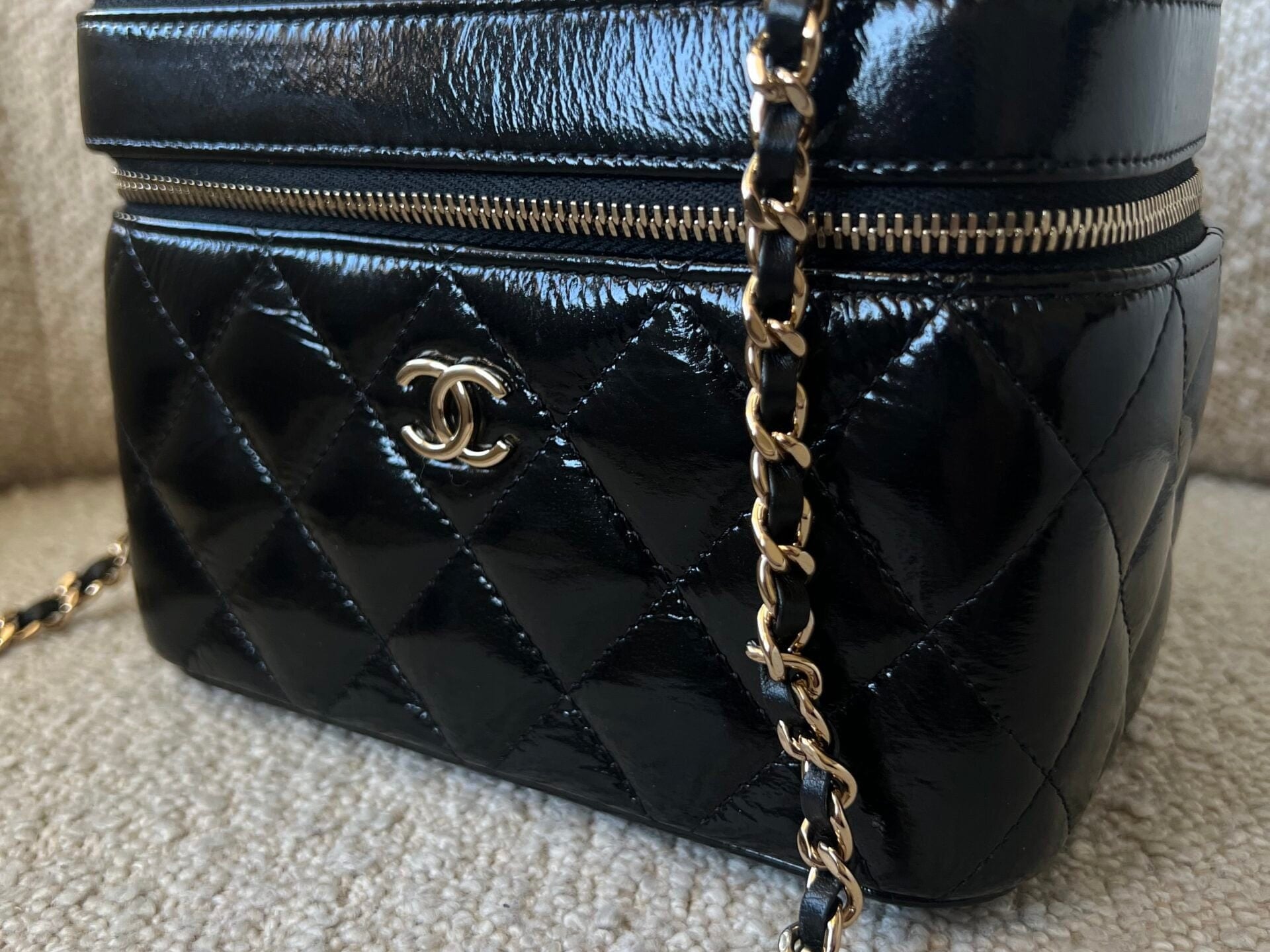 CHANEL Handbag 22B Black Shiny Lambskin Vanity with Chain LGHW - Redeluxe