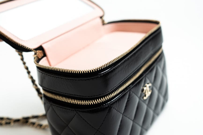 CHANEL Handbag 22B Black Shiny Lambskin Vanity with Chain LGHW - Redeluxe