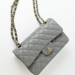 CHANEL Handbag 22B Grey Caviar Quilted Classic Flap Small Light Gold Hardware - Redeluxe