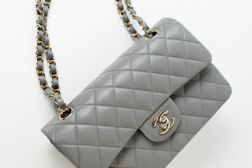 CHANEL Handbag 22B Grey Caviar Quilted Classic Flap Small Light Gold Hardware - Redeluxe
