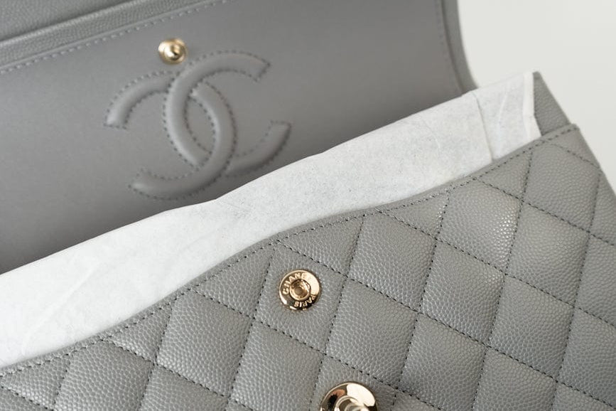 CHANEL Handbag 22B Grey Caviar Quilted Classic Flap Small Light Gold Hardware - Redeluxe