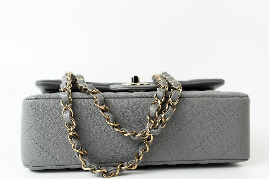 CHANEL Handbag 22B Grey Caviar Quilted Classic Flap Small Light Gold Hardware - Redeluxe