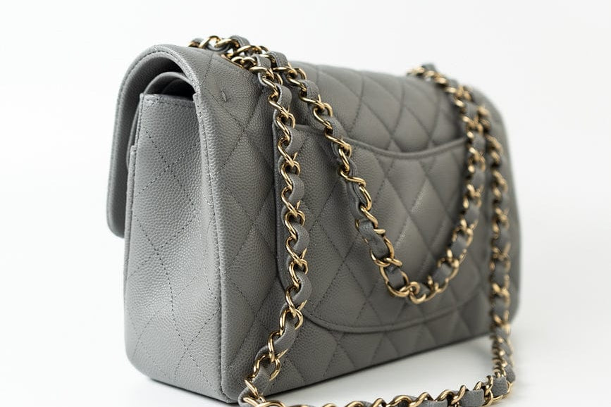 CHANEL Handbag 22B Grey Caviar Quilted Classic Flap Small Light Gold Hardware - Redeluxe