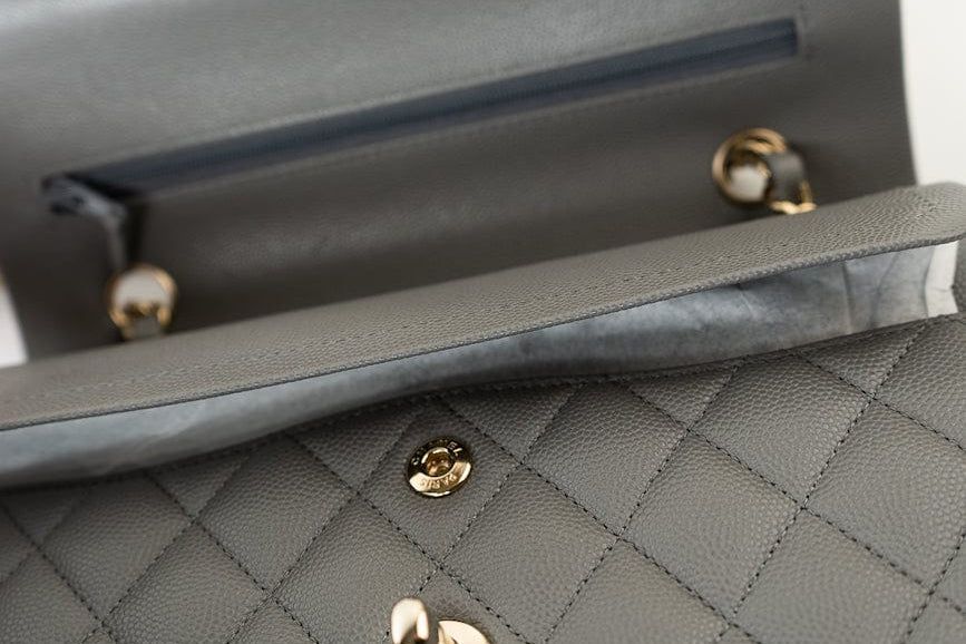 CHANEL Handbag 22B Grey Caviar Quilted Classic Flap Small Light Gold Hardware - Redeluxe