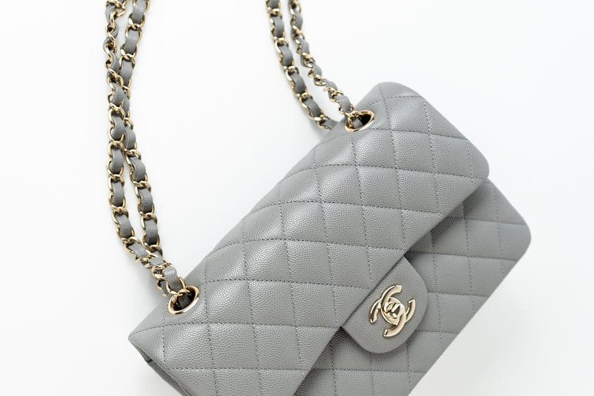 CHANEL Handbag 22B Grey Caviar Quilted Classic Flap Small Light Gold Hardware - Redeluxe