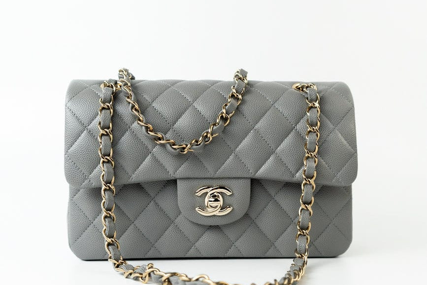 CHANEL Handbag 22B Grey Caviar Quilted Classic Flap Small Light Gold Hardware - Redeluxe