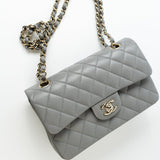 CHANEL Handbag 22B Grey Caviar Quilted Classic Flap Small Light Gold Hardware - Redeluxe