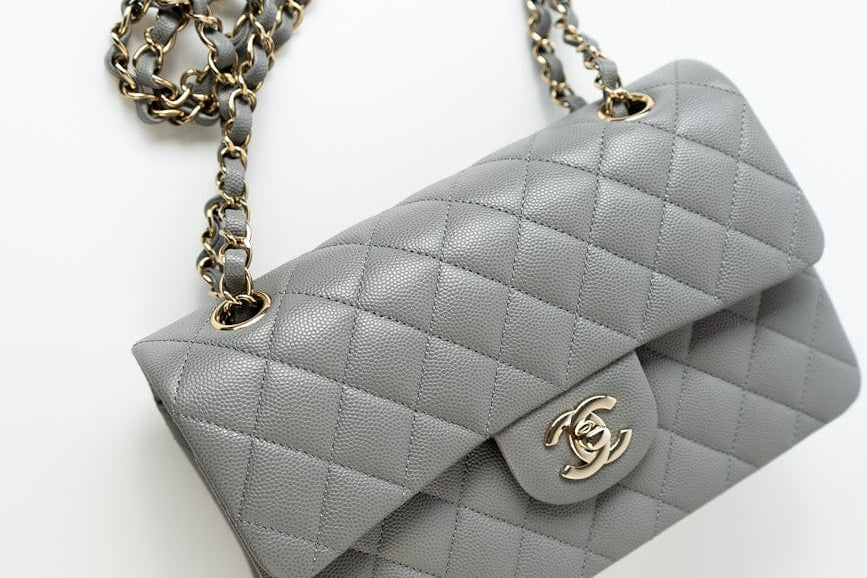CHANEL Handbag 22B Grey Caviar Quilted Classic Flap Small Light Gold Hardware - Redeluxe