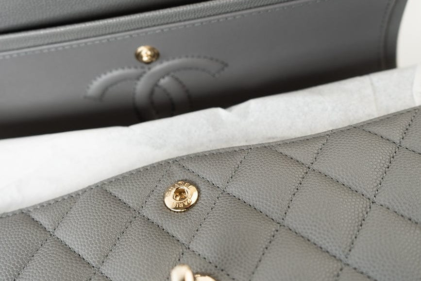 CHANEL Handbag 22B Grey Caviar Quilted Classic Flap Small Light Gold Hardware - Redeluxe