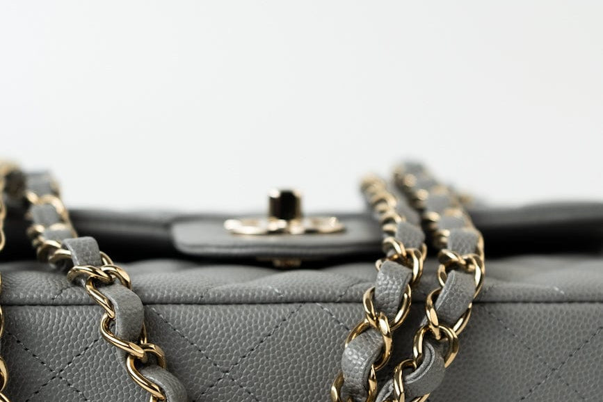 CHANEL Handbag 22B Grey Caviar Quilted Classic Flap Small Light Gold Hardware - Redeluxe