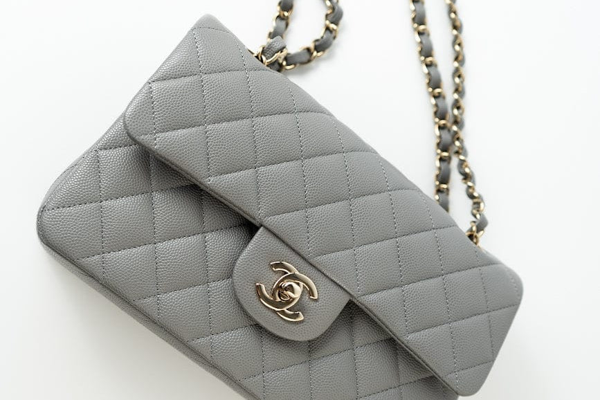 CHANEL Handbag 22B Grey Caviar Quilted Classic Flap Small Light Gold Hardware - Redeluxe