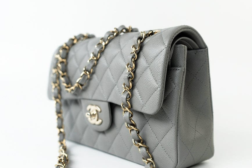 CHANEL Handbag 22B Grey Caviar Quilted Classic Flap Small Light Gold Hardware - Redeluxe
