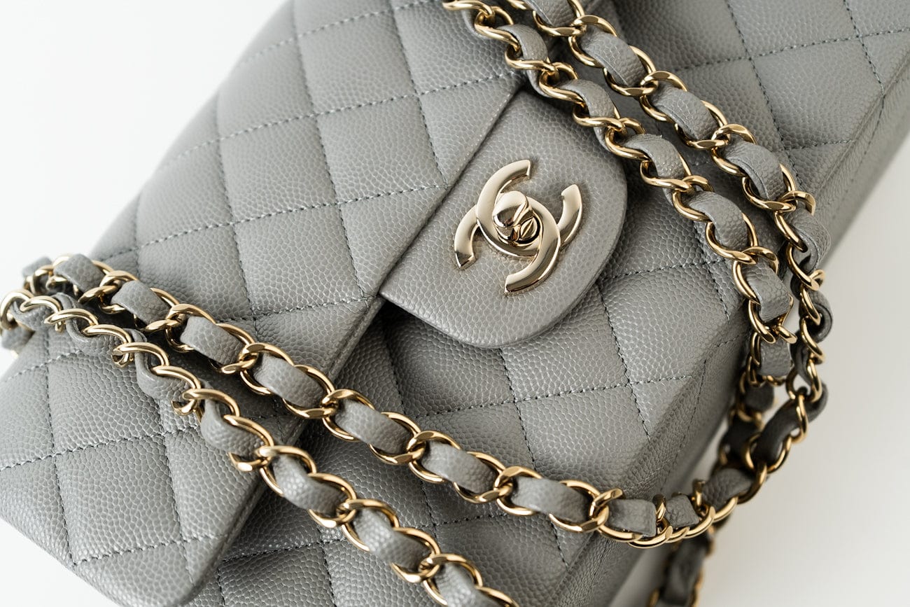 CHANEL Handbag 22B Grey Caviar Quilted Classic Flap Small Light Gold Hardware - Redeluxe