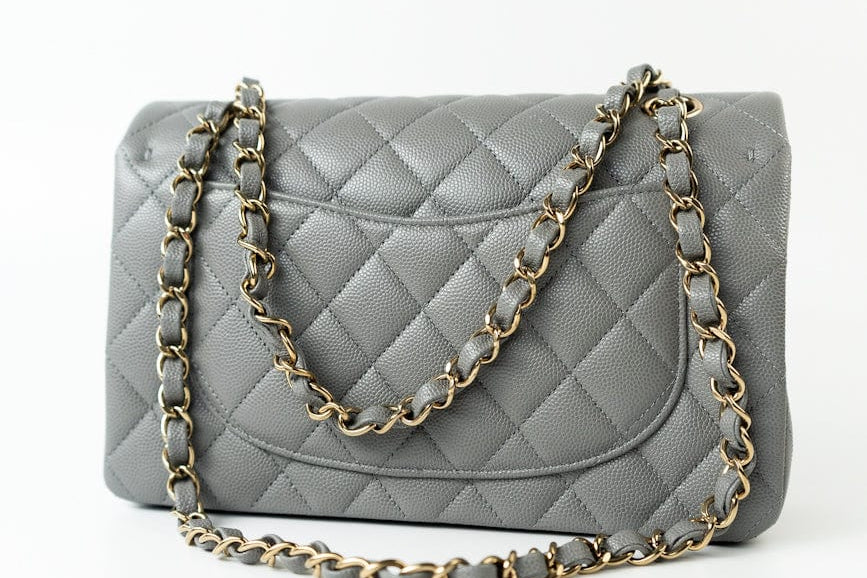 CHANEL Handbag 22B Grey Caviar Quilted Classic Flap Small Light Gold Hardware - Redeluxe