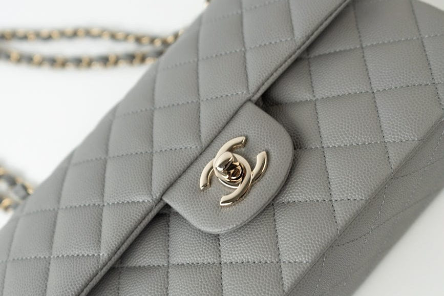 CHANEL Handbag 22B Grey Caviar Quilted Classic Flap Small Light Gold Hardware - Redeluxe