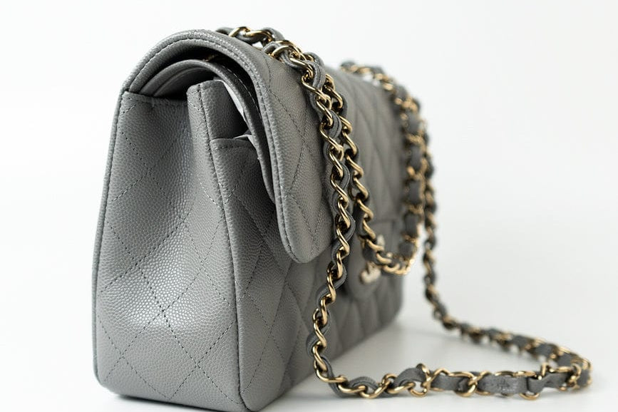 CHANEL Handbag 22B Grey Caviar Quilted Classic Flap Small Light Gold Hardware - Redeluxe