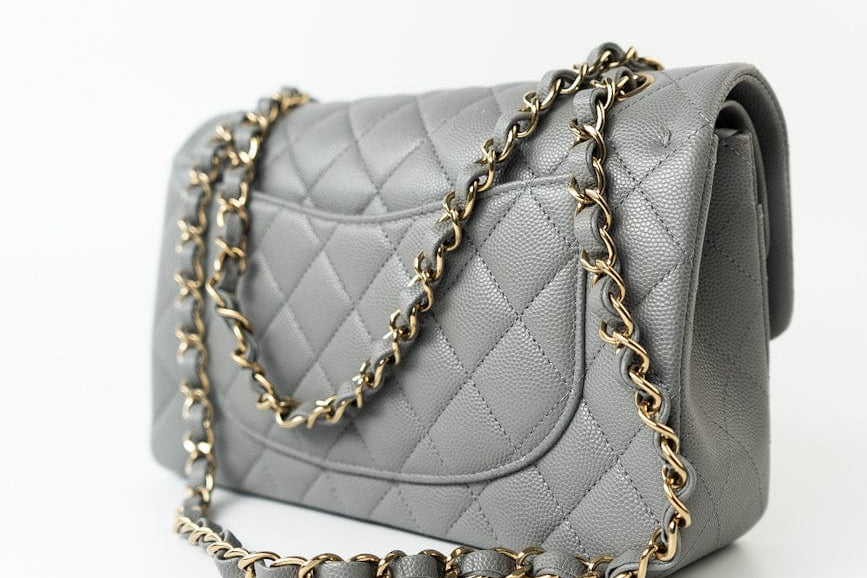 CHANEL Handbag 22B Grey Caviar Quilted Classic Flap Small Light Gold Hardware - Redeluxe