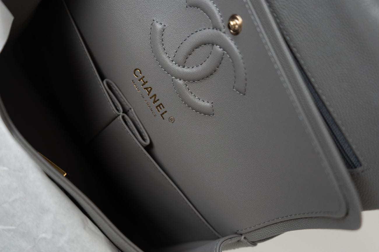 CHANEL Handbag 22B Grey Caviar Quilted Classic Flap Small Light Gold Hardware - Redeluxe