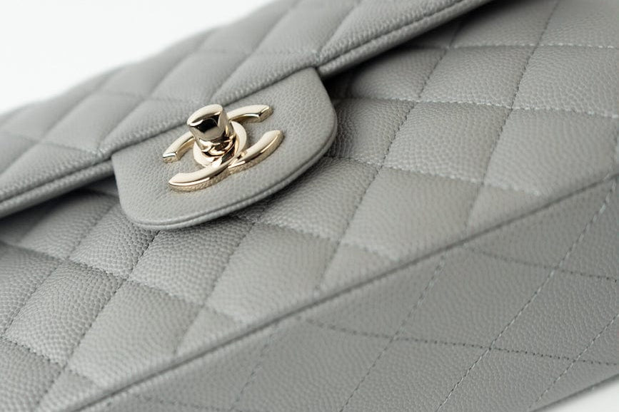 CHANEL Handbag 22B Grey Caviar Quilted Classic Flap Small Light Gold Hardware - Redeluxe