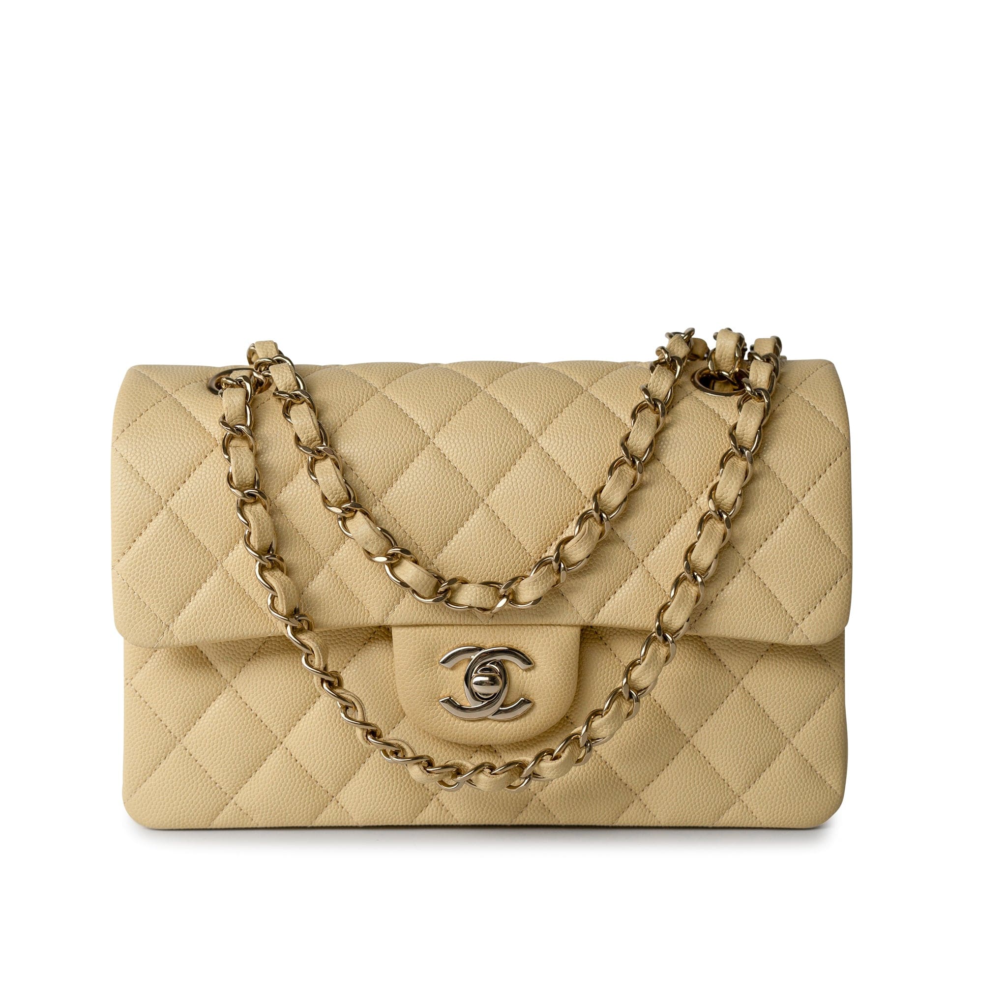 CHANEL Handbag 22B Yellow Caviar Quilted Classic Flap Small Light Gold Hardware - Redeluxe