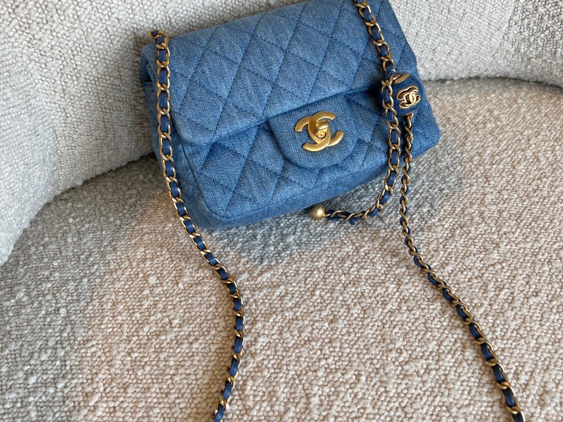 CHANEL Handbag 22C Blue Denim Pearl Crush Square Mini Flap AGHW - Redeluxe