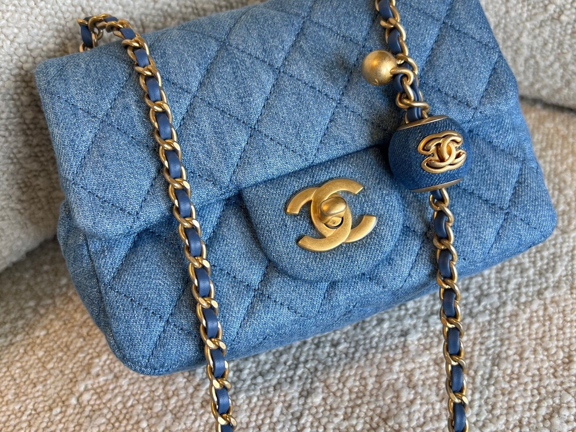 CHANEL Handbag 22C Blue Denim Pearl Crush Square Mini Flap AGHW - Redeluxe