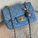 CHANEL Handbag 22C Blue Denim Pearl Crush Square Mini Flap AGHW - Redeluxe