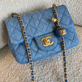 CHANEL Handbag 22C Blue Denim Pearl Crush Square Mini Flap AGHW - Redeluxe