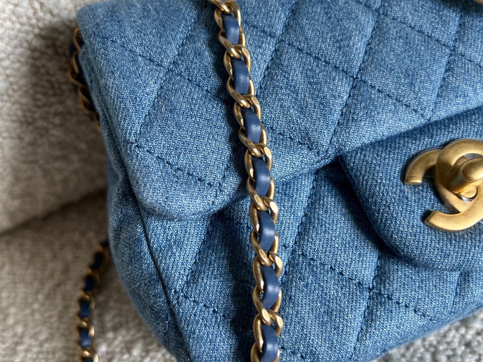 CHANEL Handbag 22C Blue Denim Pearl Crush Square Mini Flap AGHW - Redeluxe