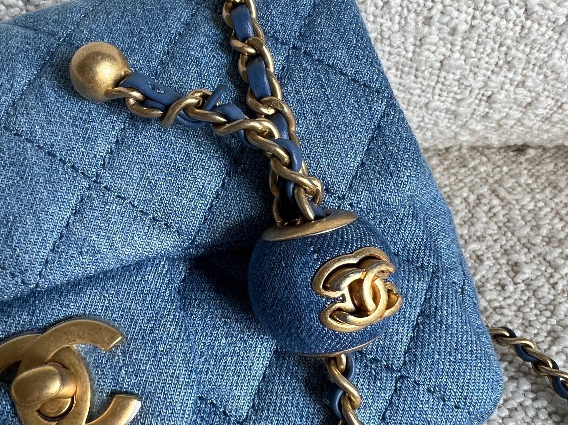 CHANEL Handbag 22C Blue Denim Pearl Crush Square Mini Flap AGHW - Redeluxe