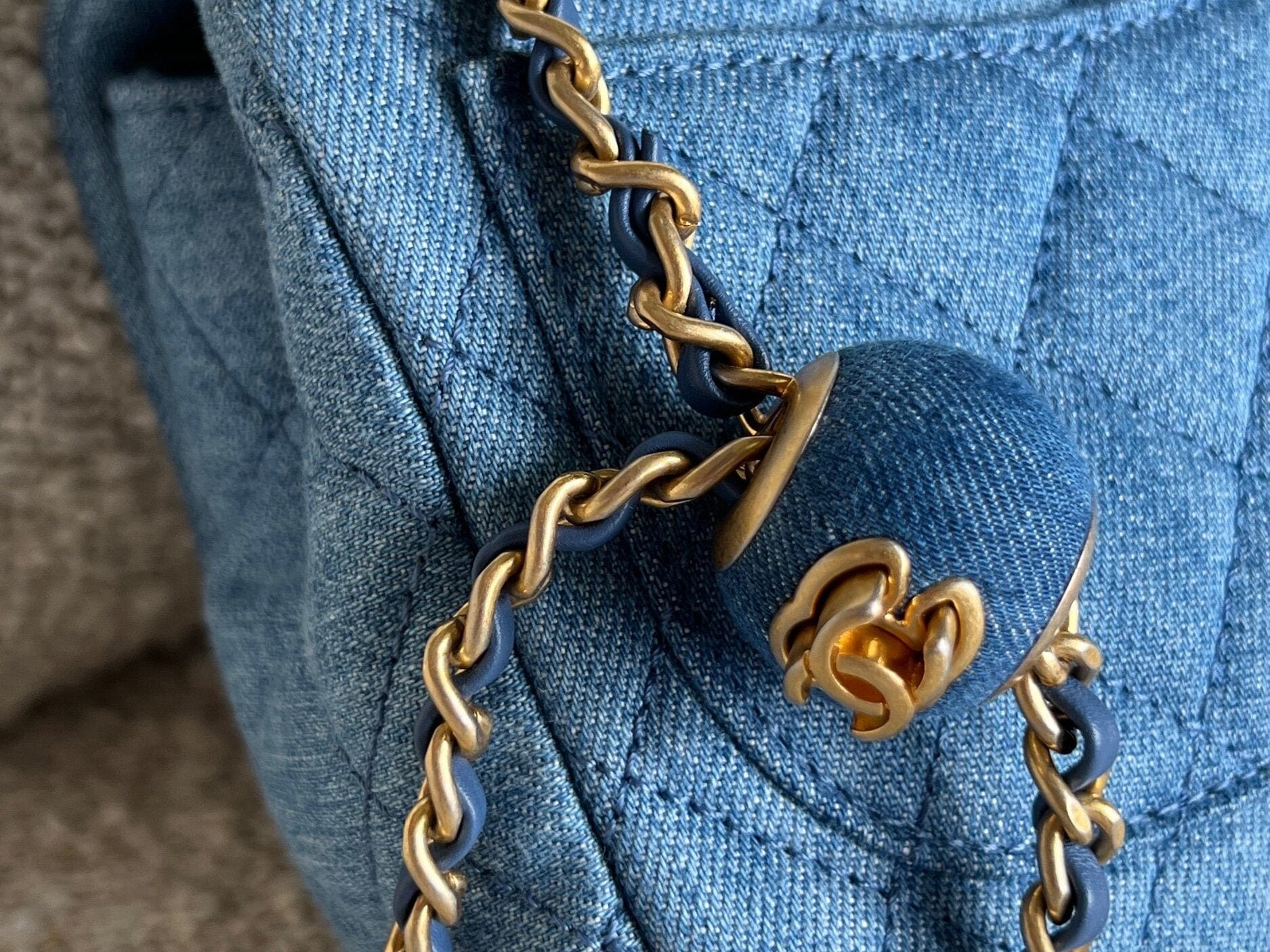 CHANEL Handbag 22C Blue Denim Pearl Crush Square Mini Flap AGHW - Redeluxe