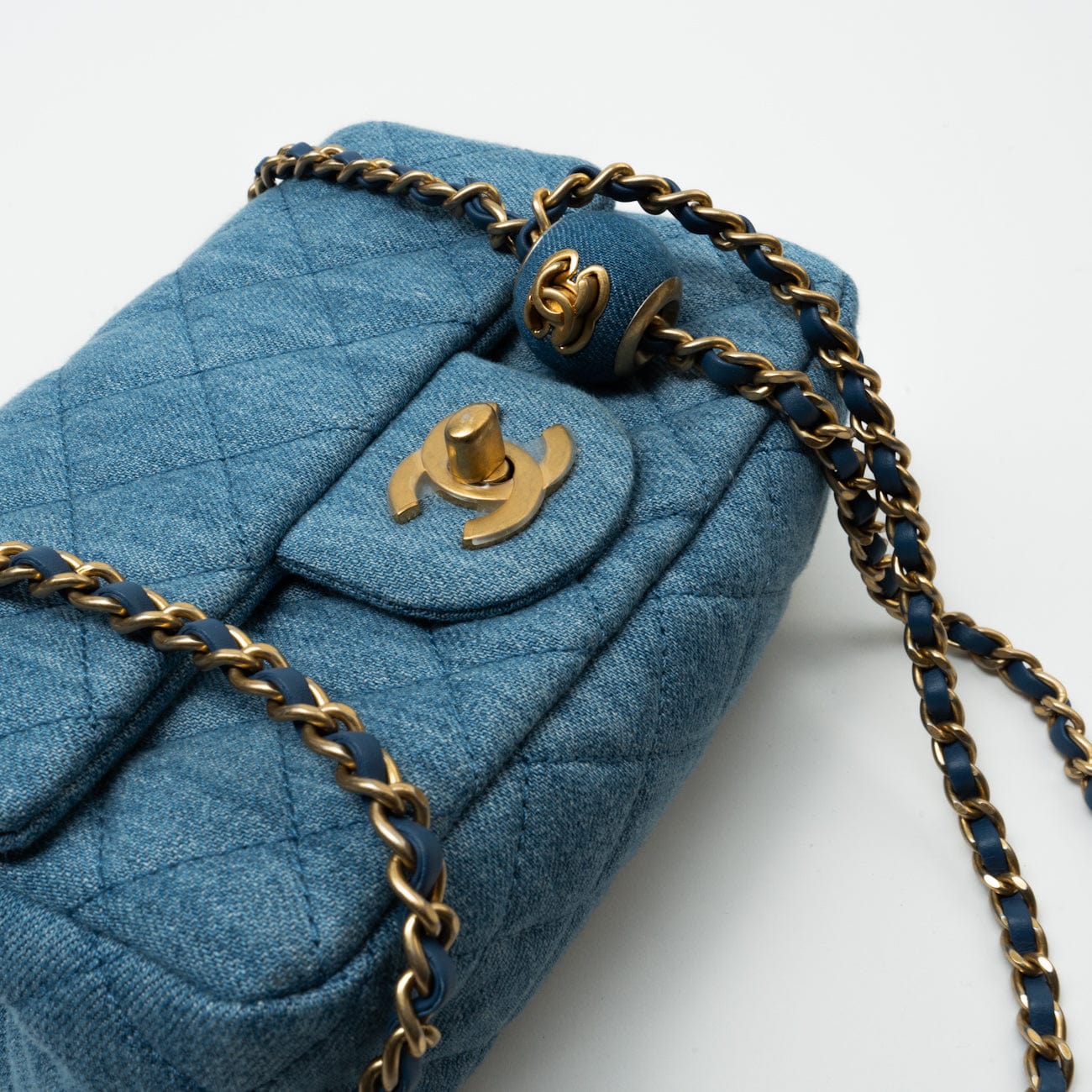CHANEL Handbag 22C Blue Denim Pearl Crush Square Mini Flap AGHW - Redeluxe