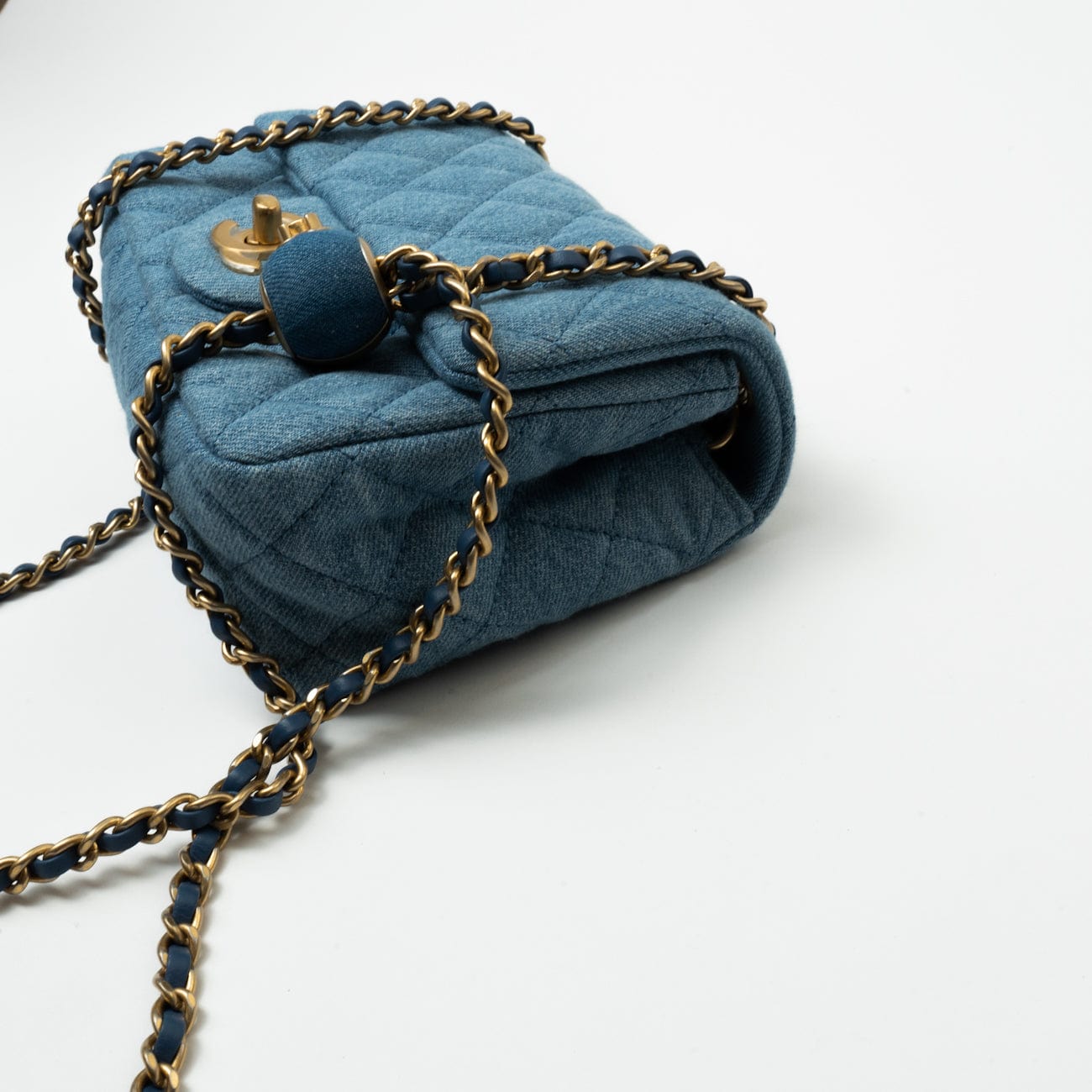 CHANEL Handbag 22C Blue Denim Pearl Crush Square Mini Flap AGHW - Redeluxe