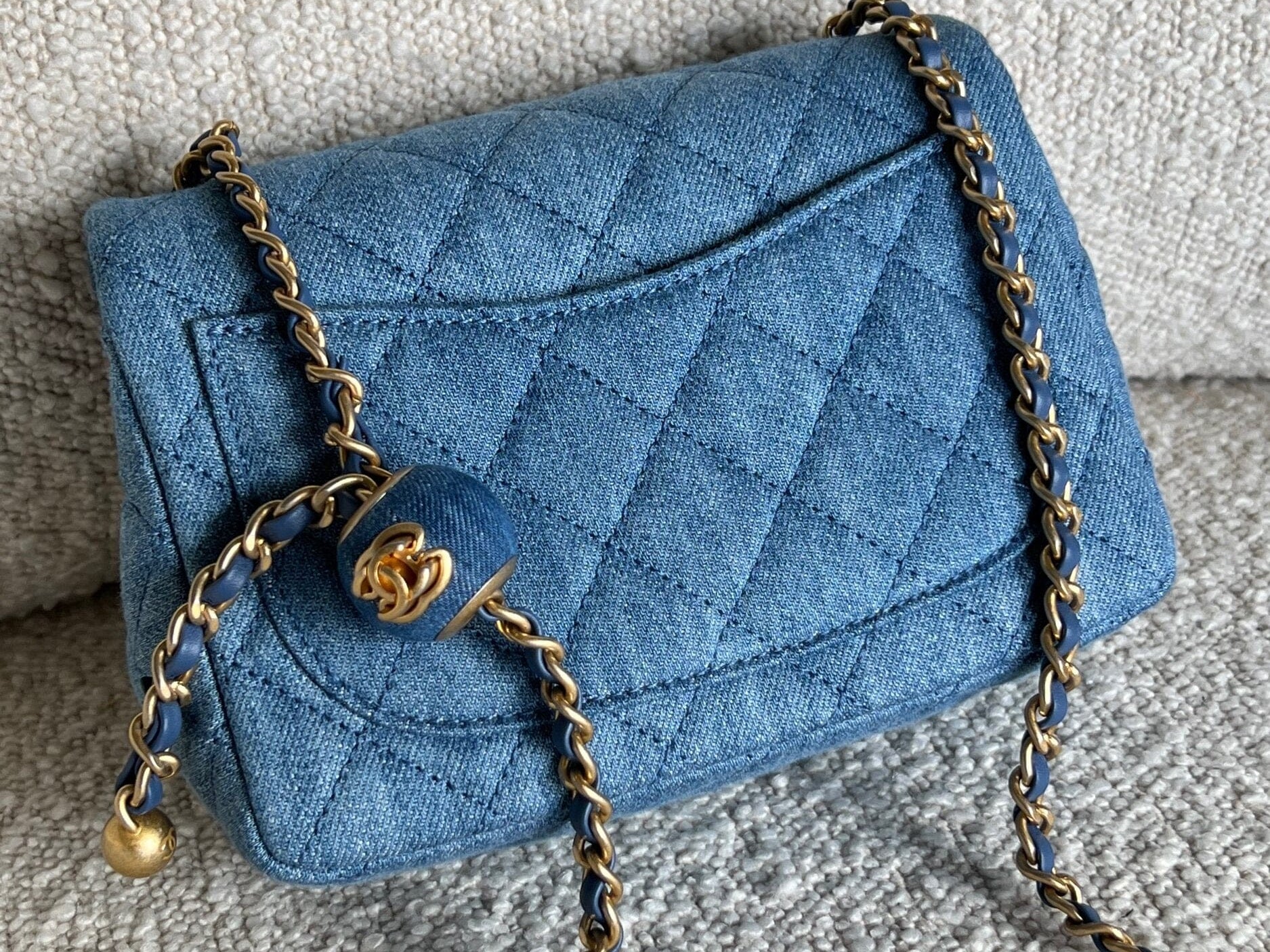 CHANEL Handbag 22C Blue Denim Pearl Crush Square Mini Flap AGHW - Redeluxe