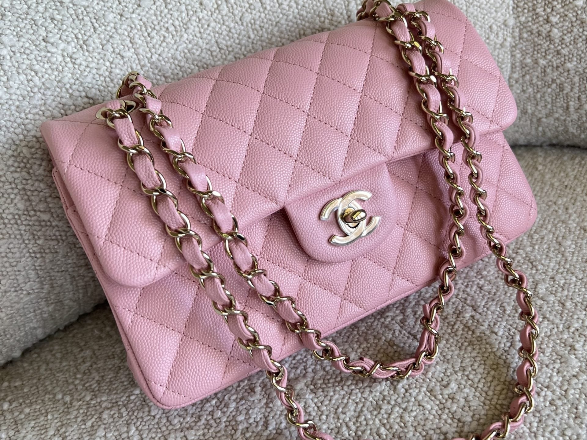 CHANEL Handbag 22C Sakura Pink Caviar Quilted Classic Flap Small LGHW - Redeluxe