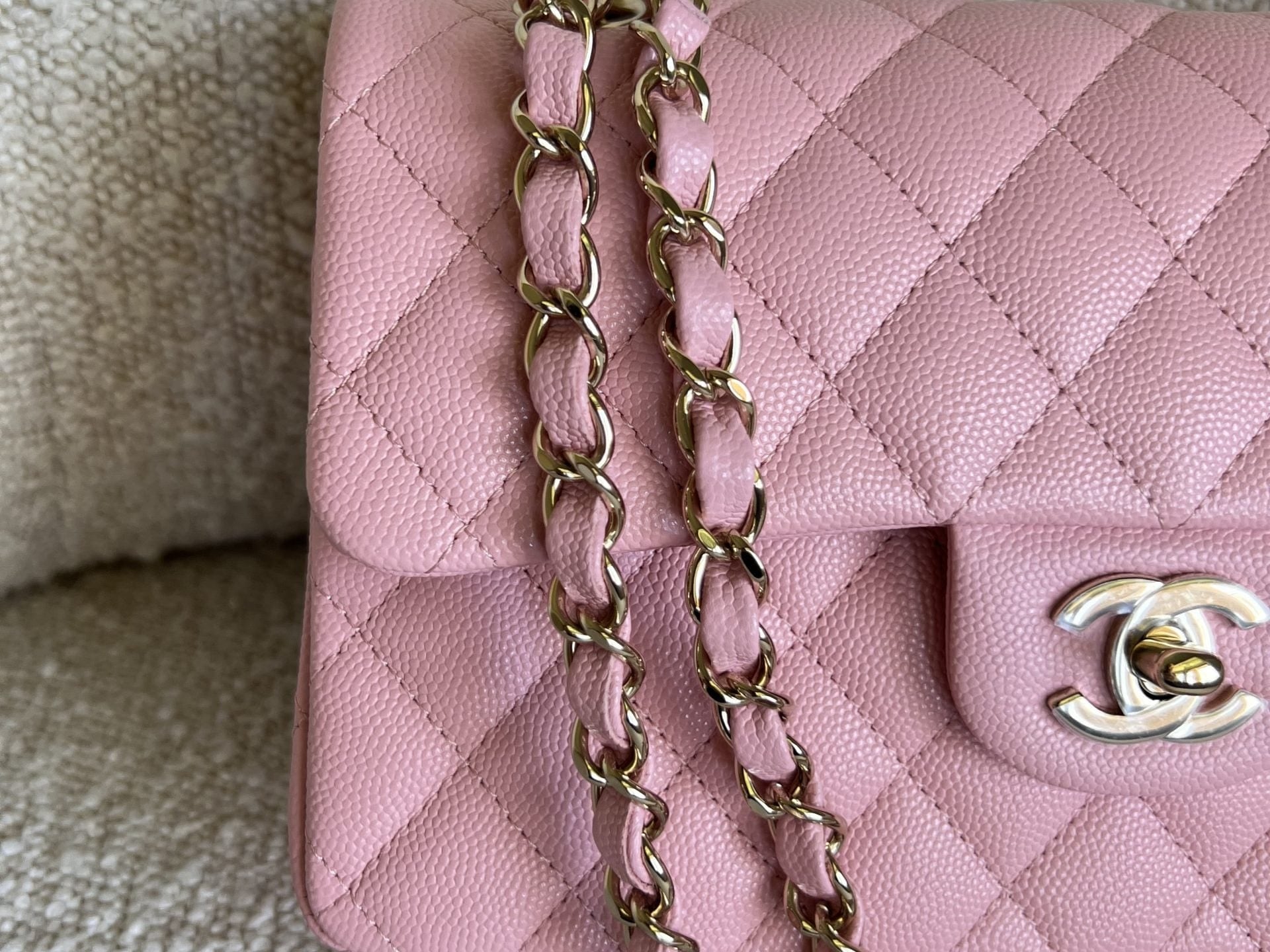 CHANEL Handbag 22C Sakura Pink Caviar Quilted Classic Flap Small LGHW - Redeluxe