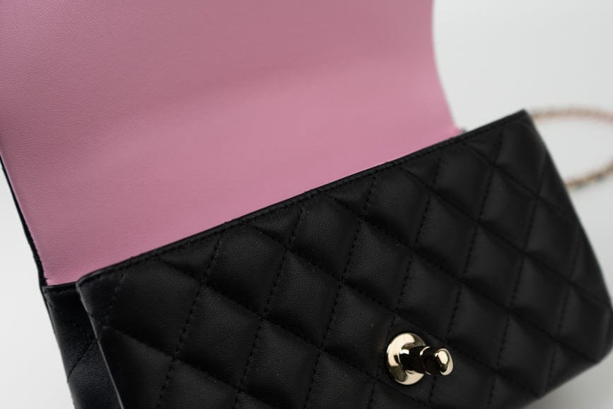 CHANEL Handbag 23P Mini Top Handle Black/Pink Lambskin Quilted w/ Light Gold Hardware - Redeluxe