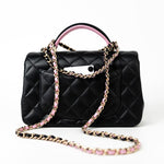 CHANEL Handbag 23P Mini Top Handle Black/Pink Lambskin Quilted w/ Light Gold Hardware - Redeluxe