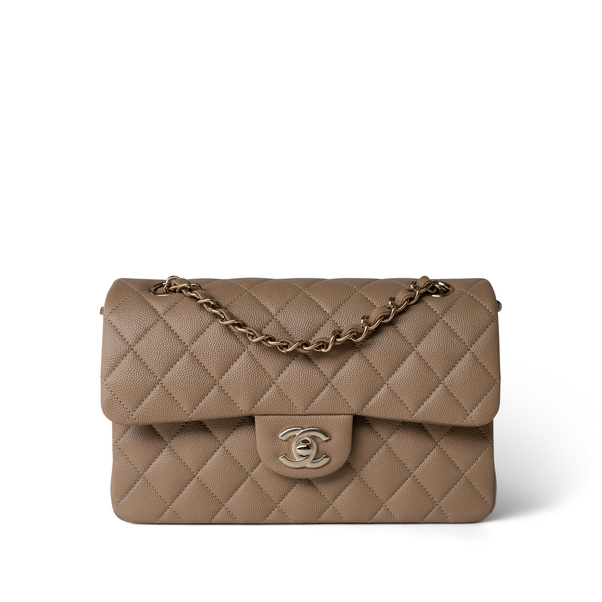 CHANEL Handbag Beige 22A Dark Beige Caviar Quilted Classic Flap Small Light Gold Hardware - Redeluxe