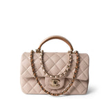 CHANEL Handbag Beige 22C Light Beige / Beige Lambskin Quilted Mini Top Handle Light Gold Hardware - Redeluxe