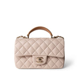 CHANEL Handbag Beige 22C Light Beige / Beige Lambskin Quilted Mini Top Handle Light Gold Hardware - Redeluxe
