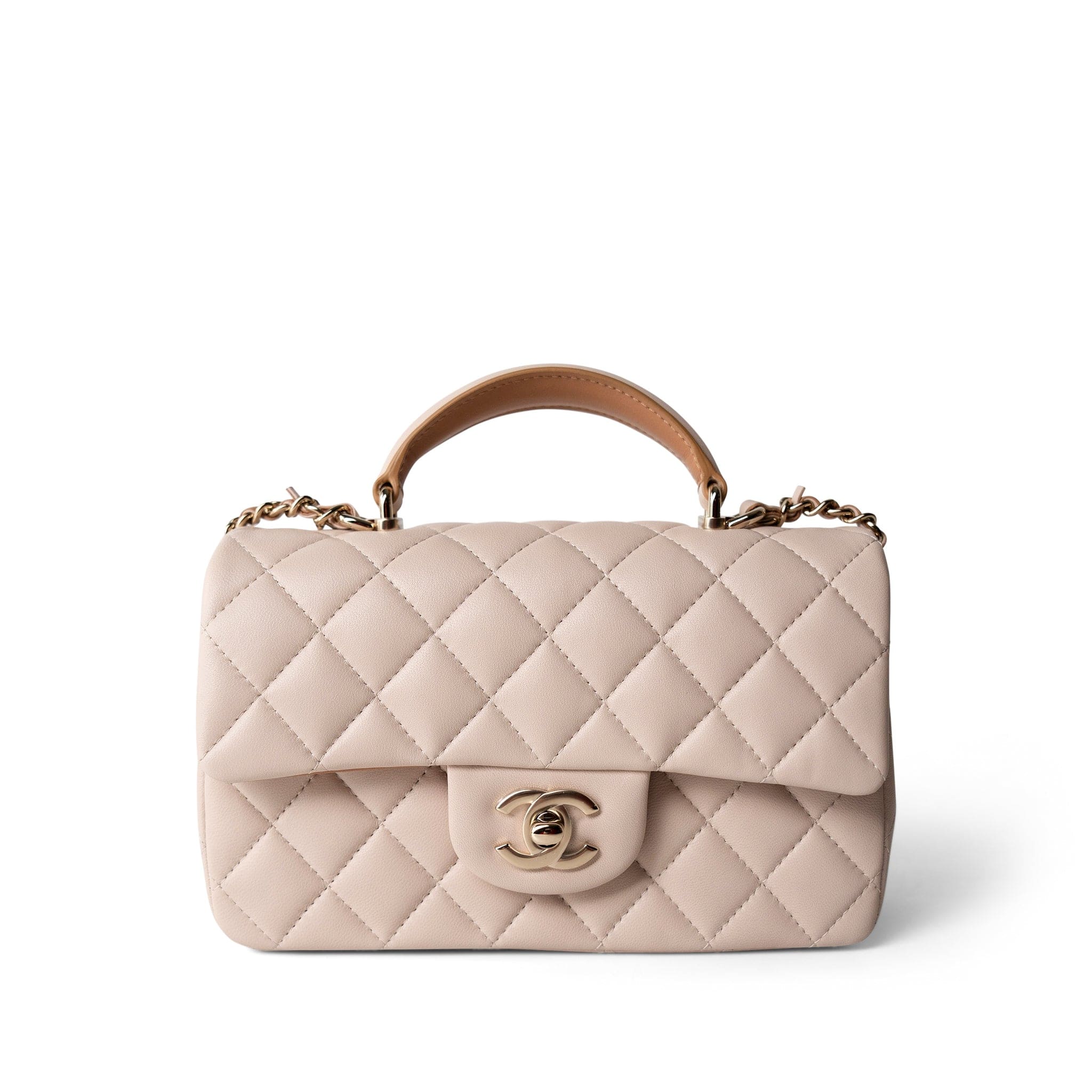 CHANEL Handbag Beige 22C Light Beige / Beige Lambskin Quilted Mini Top Handle Light Gold Hardware - Redeluxe