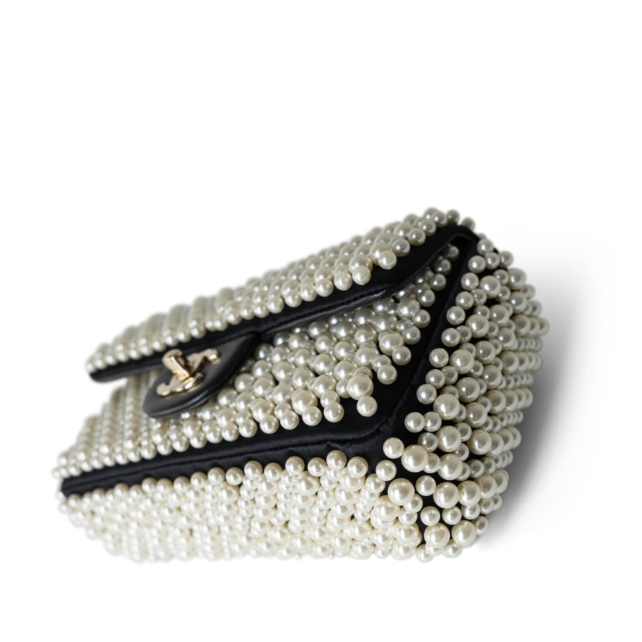 CHANEL Handbag Black 19S Pearl On Flap Mini Rectangular Bag Light Gold Hardware - Redeluxe