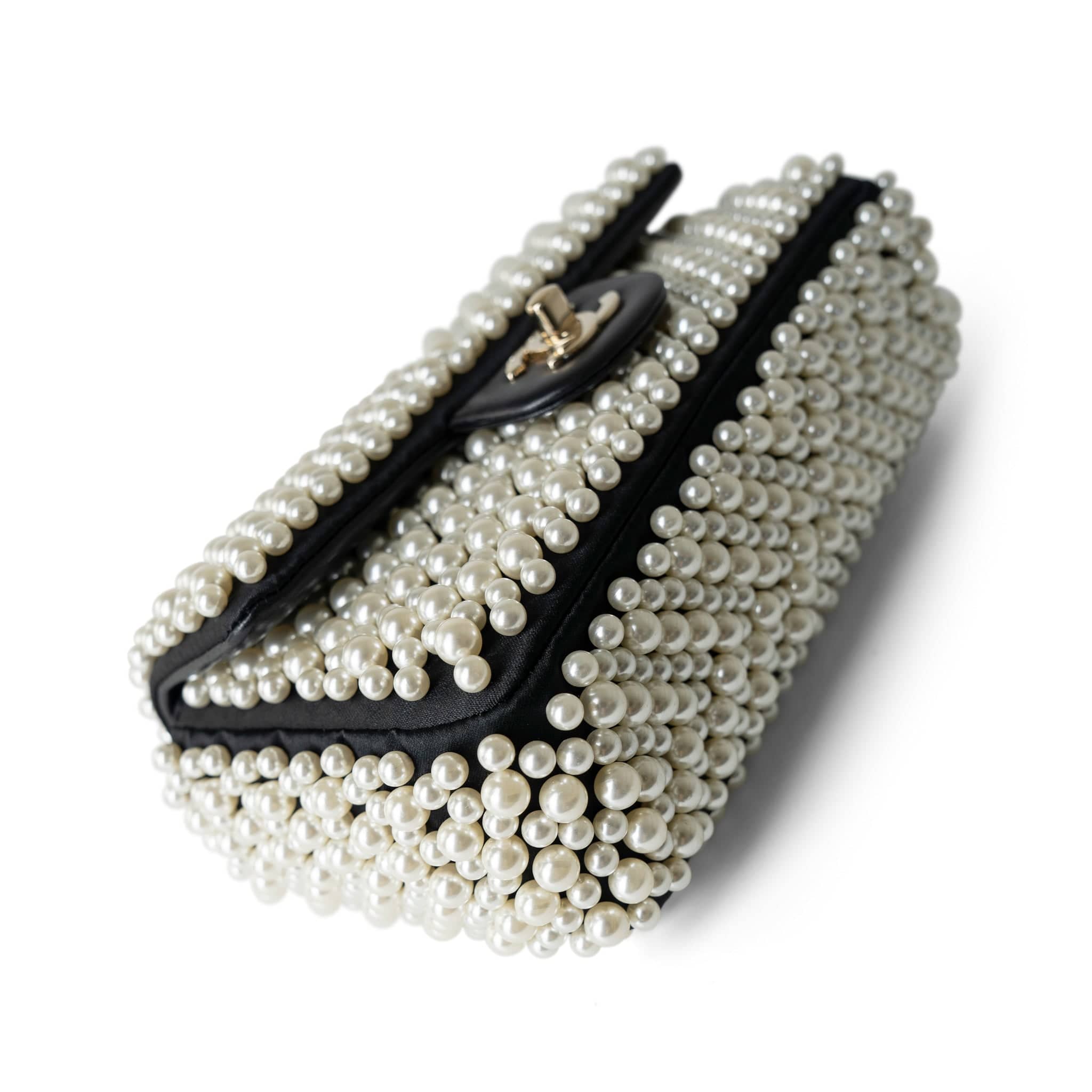 CHANEL Handbag Black 19S Pearl On Flap Mini Rectangular Bag Light Gold Hardware - Redeluxe