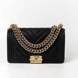CHANEL Handbag Black 19S Shiny Black Caviar Chevron Boy Bag Medium Champagne Gold Hardware - Redeluxe