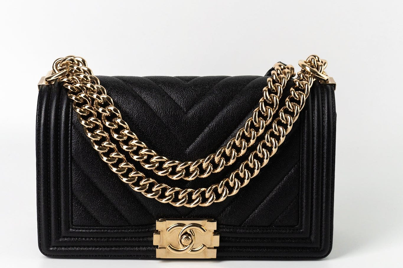 CHANEL Handbag Black 19S Shiny Black Caviar Chevron Boy Bag Medium Champagne Gold Hardware - Redeluxe
