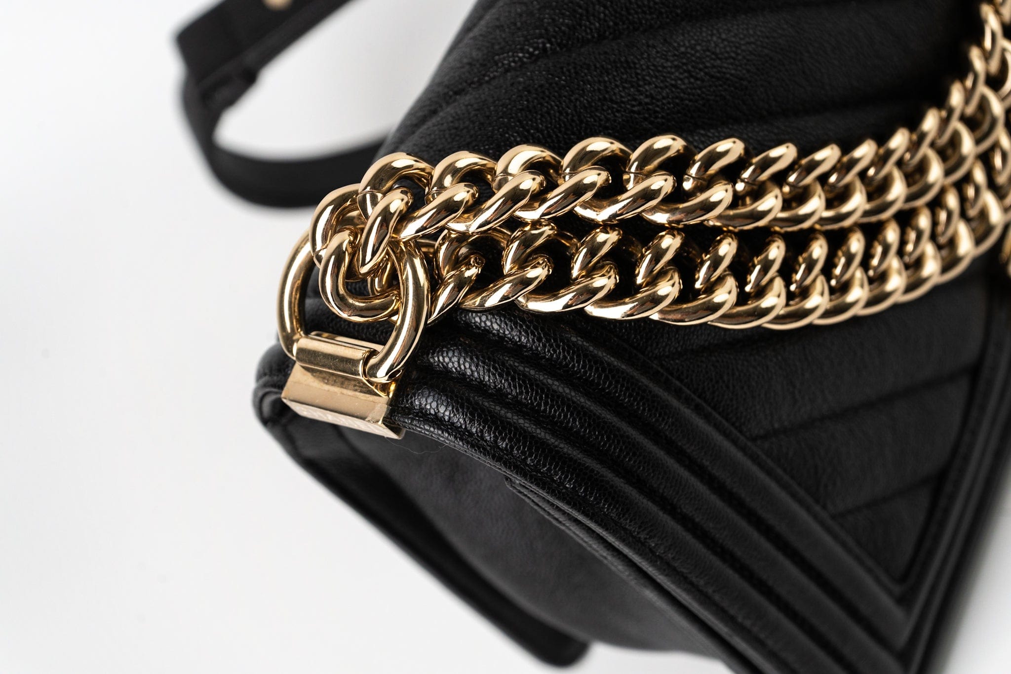 CHANEL Handbag Black 19S Shiny Black Caviar Chevron Boy Bag Medium Champagne Gold Hardware - Redeluxe