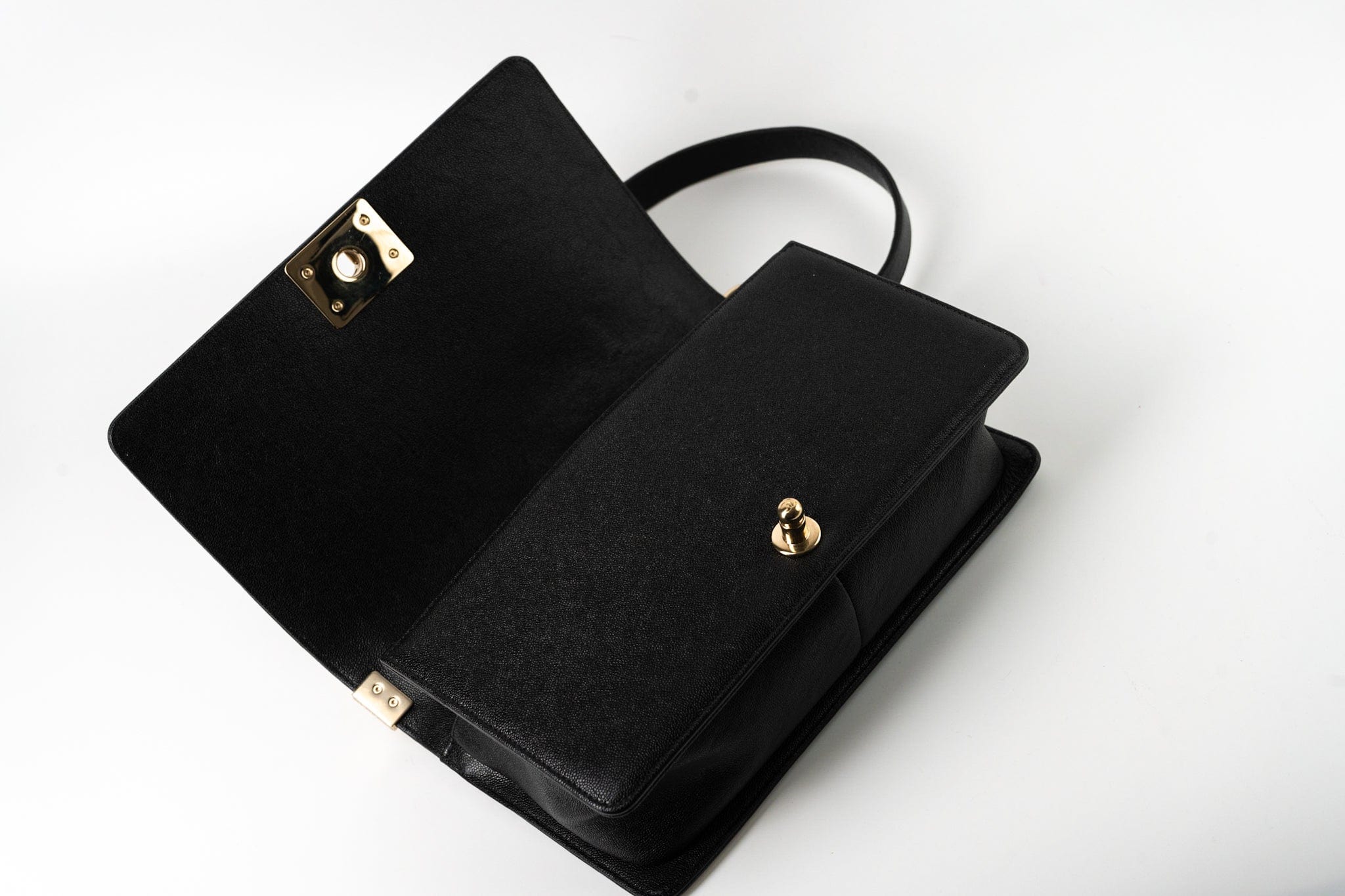 CHANEL Handbag Black 19S Shiny Black Caviar Chevron Boy Bag Medium Champagne Gold Hardware - Redeluxe