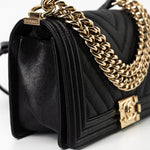 CHANEL Handbag Black 19S Shiny Black Caviar Chevron Boy Bag Medium Champagne Gold Hardware - Redeluxe